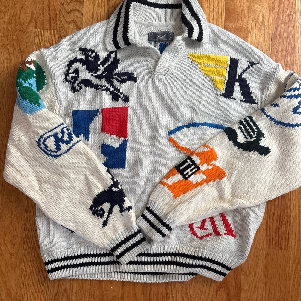 Kith Cream Zip-Up Logo Patchwork Sweater with Multicolor Accents